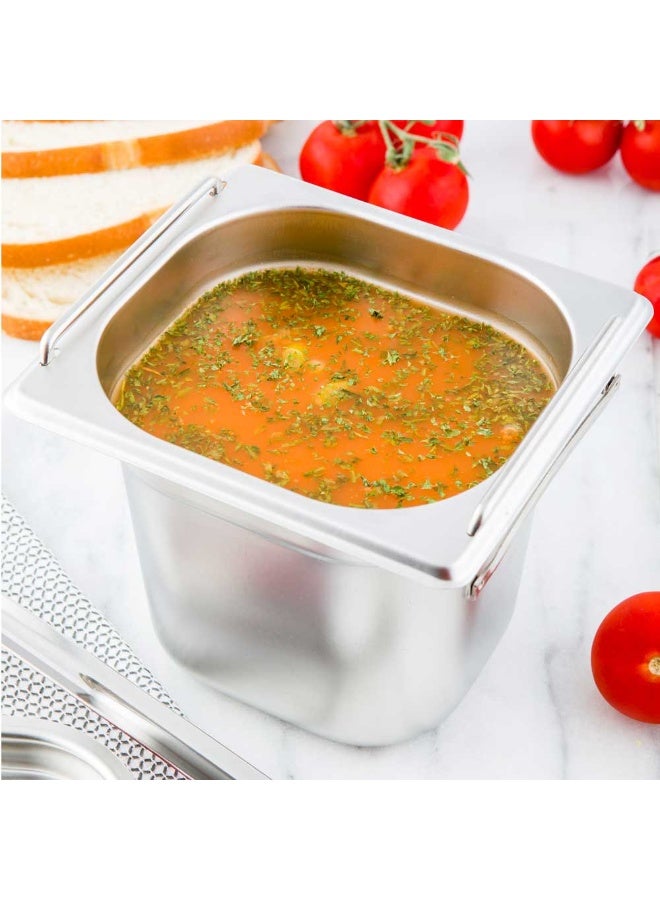 Restaurantware Met Lux 7 Inch x 6.4 Inch x 6 Inch Steam Table Pan, 1 One Sixth Hotel Pan - Anti-Jam, Deep, Silver Stainless Steel Table Pan, With Collapsible Handles, For Parties Or Events - Image 3