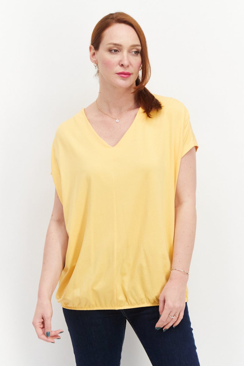 Tchibo Women V-Neck Short Sleeve Plain Blouse, Yellow - Image 1