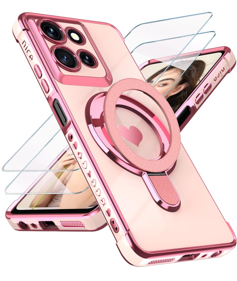 Liufcx for Motorola Moto G Power 5G 2025/2026 Love Heart Kickstand Case with Screen Protector: Luxury Plated Gold Edge Soft TPU Shockproof Protection Cover for Moto G Power 5G 2025/2026 (Pink) - Image 1