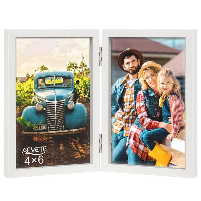 4X6 PICTURE FRAMES DOUBLE HINGED WOOD FOLDING PHOTO FRAMES VERTICAL WITH REAL GLASS FRONT WHITE