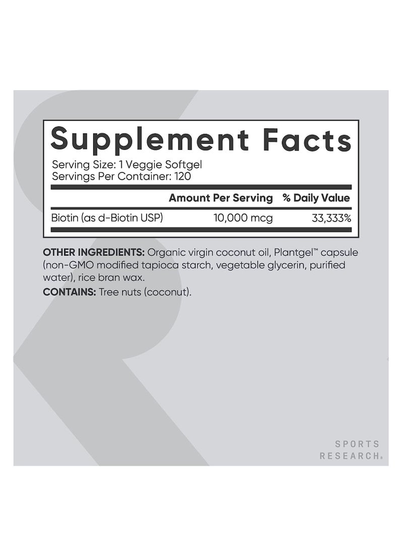 SPORTS RESEARCH - Biotin Supports Hair and Skin Made with Coconut Oil 10,000 mcg, 120 Veggie Softgels - Image 1