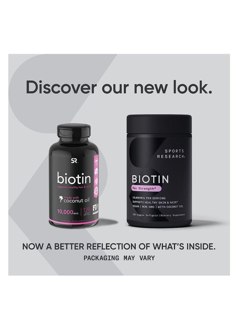 SPORTS RESEARCH - Biotin Supports Hair and Skin Made with Coconut Oil 10,000 mcg, 120 Veggie Softgels - Image 1
