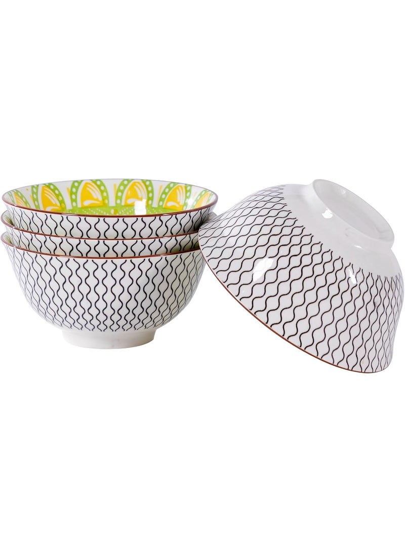 GOLD MANTIS Set of 4 Multi-Pattern Ceramic Bowls – 6.25 Inch  and White Design – Microwave, Dishwasher, Oven Safe – Ideal for Salads, Pasta, Soup – Stylish Kitchen Gift - Image 1