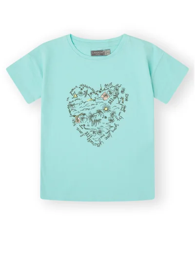 CANADA HOUSE Soft and Comfortable Heart Printed Turquoise T-shirt with Short Sleeves and Round Neckline for Girls