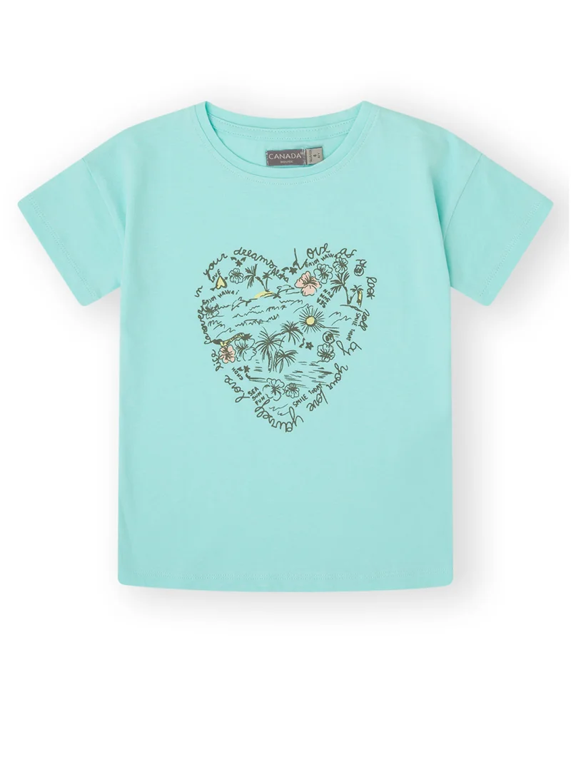 CANADA HOUSE Soft and Comfortable Heart Printed Turquoise T-shirt with Short Sleeves and Round Neckline for Girls