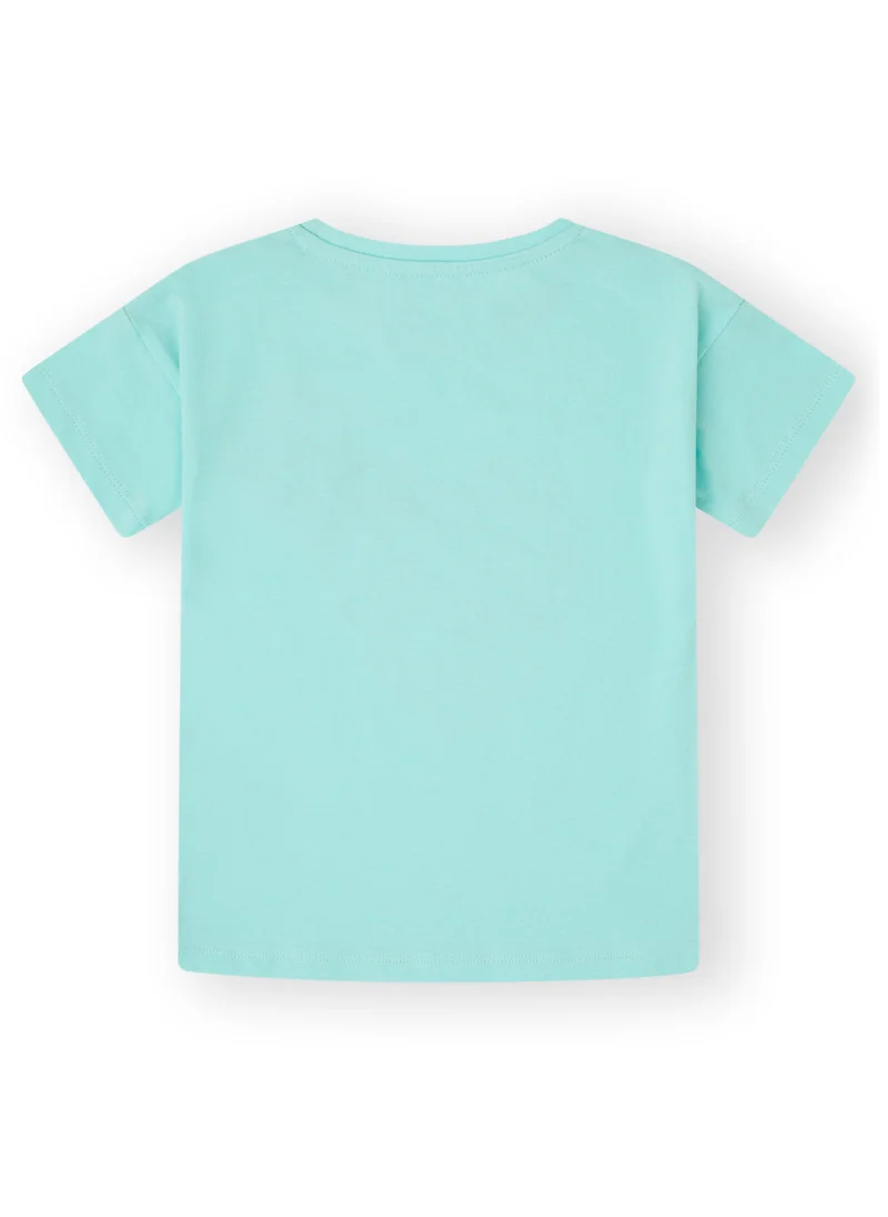 CANADA HOUSE Soft and Comfortable Heart Printed Turquoise T-shirt with Short Sleeves and Round Neckline for Girls