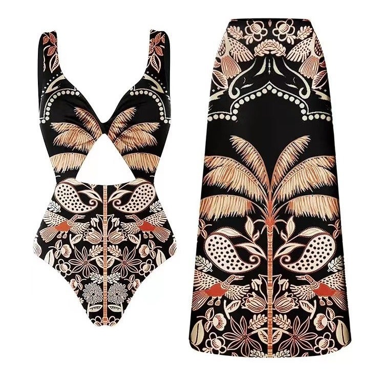 Bikini One-Piece Swimsuit Wrap Skirt Suit Vintage Beach Dress Backless Swimwear Bikini - Image 3