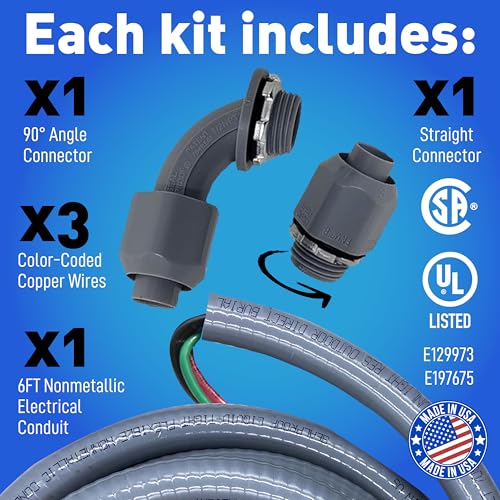 Sealproof Power Whip Assembly, 1/2-Inch x 6 Ft Nonmetallic Liquid Tight Flexible Electrical Conduit and 10 Gauge Wire Single Phase Preassembled A/C Hook-up Whip Kit, 1/2" - Image 3