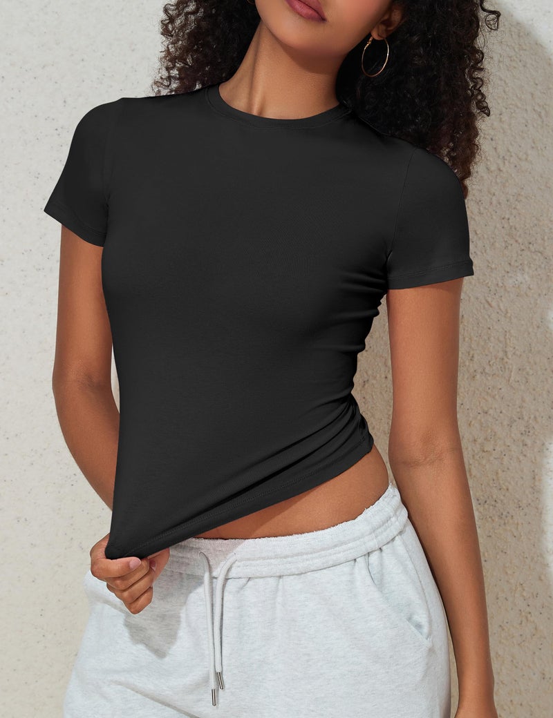PrettyGuide Women's Casual Basic Going Out Tops Slim Fit Short Sleeve Crew Neck Tight Crop T Shirts Black S - Image 3