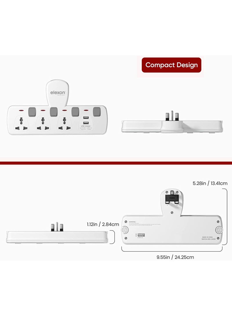 Elexon T Socket Universal Extension Power Adapter with 2 USB, Wall Socket 3 Way Electrical Outlet Adaptor, 3 Pin Electric Sockets for Home, Office (White) - Image 2