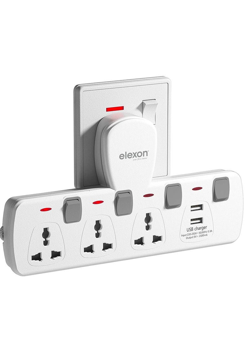 Elexon T Socket Universal Extension Power Adapter with 2 USB, Wall Socket 3 Way Electrical Outlet Adaptor, 3 Pin Electric Sockets for Home, Office (White) - Image 1
