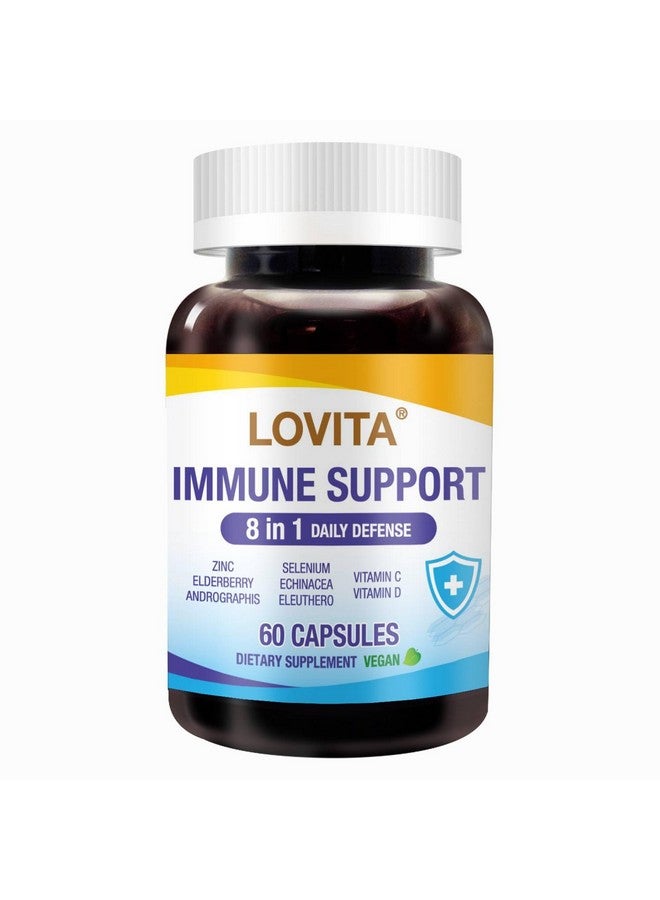 Lovita لوفيتا دعم المناعة 8 في 1 دفاع يومي، توت البلسان مع الزنك، فيتامين C&D، إشنسا، سيلينيوم، أندروغرافيز ومستخلص الجينسنغ السيبيري، 60 كبسولة نباتية - Image 1