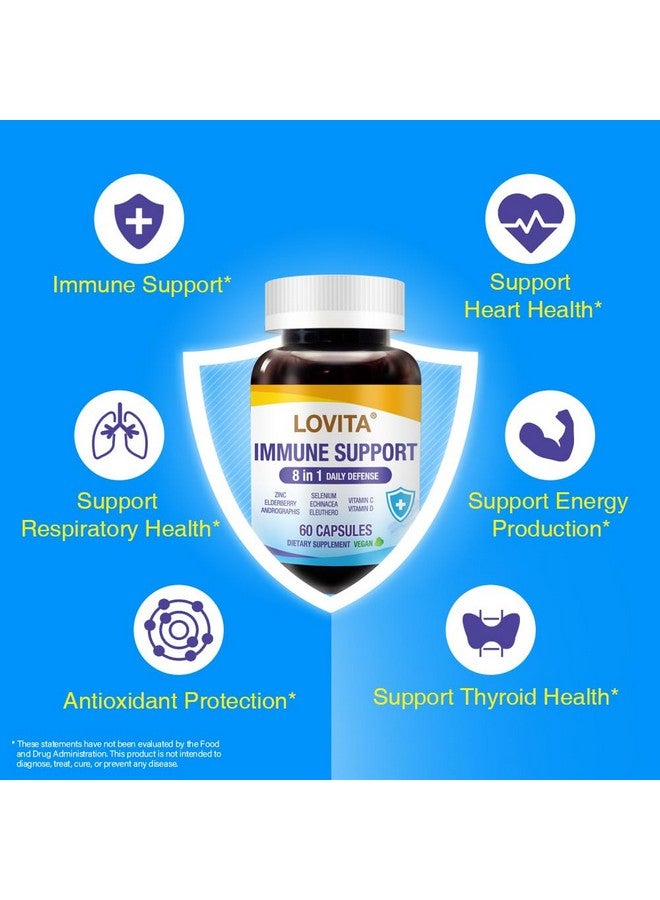 Lovita لوفيتا دعم المناعة 8 في 1 دفاع يومي، توت البلسان مع الزنك، فيتامين C&D، إشنسا، سيلينيوم، أندروغرافيز ومستخلص الجينسنغ السيبيري، 60 كبسولة نباتية - Image 3