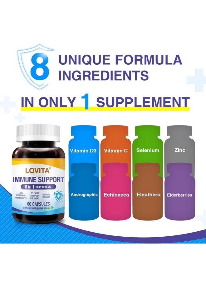 Lovita لوفيتا دعم المناعة 8 في 1 دفاع يومي، توت البلسان مع الزنك، فيتامين C&D، إشنسا، سيلينيوم، أندروغرافيز ومستخلص الجينسنغ السيبيري، 60 كبسولة نباتية - Image 2
