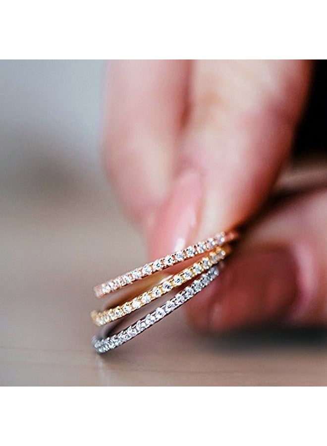 بافوا خاتم باڤوي من الفضة الإسترلينية عيار 925 المطلي بالروديوم، مرصع بأحجار الزركونيا المكعبة، قابل للتكديس للنساء | شريط رفيع قابل للتكديس | خاتم زفاف أبدي مرصع بالألماس الاصطناعي | مقاس 7 - Image 4