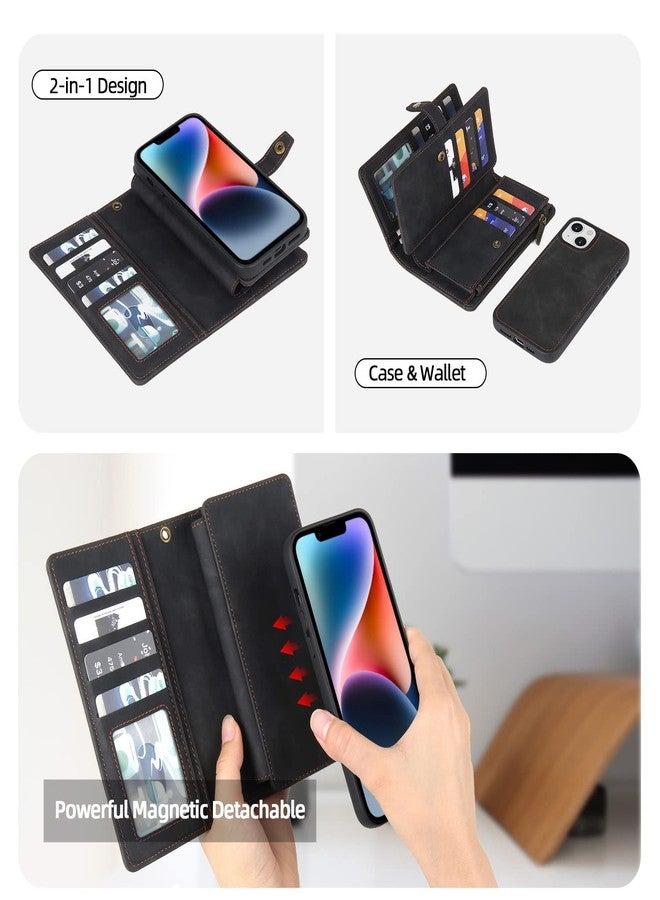 TwoHead for iPhone 13 Wallet Case with Card Holder,Detachable Magnetic Phone Case with Wallet PU Leather Wallet Phone Case for iPhone 13 Case Wallet for Women/Men with Wrist Strap(Black) - Image 3