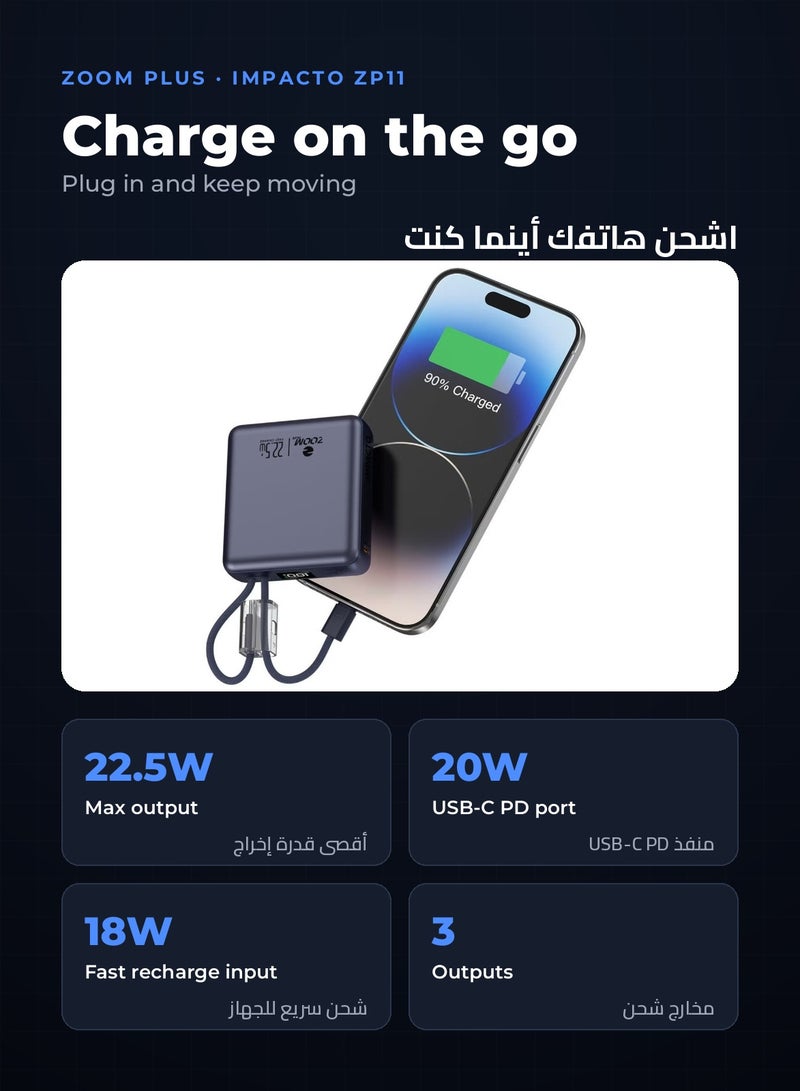 Zoom Plus IMPACTO 10000mAh Ultra-Slim Power Bank, 22.5W Fast Charging Portable Charger with Built-in USB-C and Lightning Cables plus USB-C PD 20W Port, Compact Battery Pack for iPhone, Samsung and Android (ZP11, Blue) - Image 4