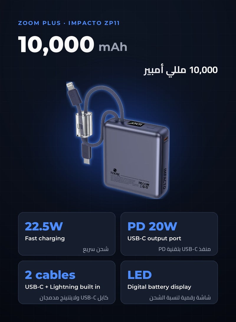 Zoom Plus IMPACTO 10000mAh Ultra-Slim Power Bank, 22.5W Fast Charging Portable Charger with Built-in USB-C and Lightning Cables plus USB-C PD 20W Port, Compact Battery Pack for iPhone, Samsung and Android (ZP11, Blue) - Image 2