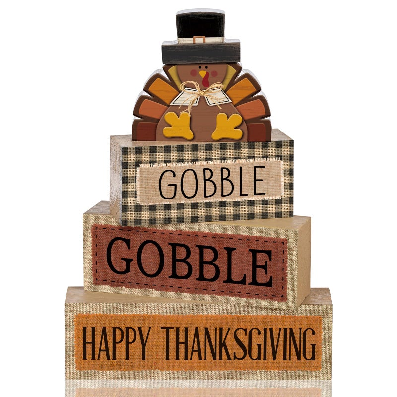 Lineshading 4 Pcs Fall Table Decorations Wooden Turkey Decor Thanksgiving Tiered Tray Decor Fall Centerpiece Rustic Wood Turkey Block Sign for Gobble Harvest Party Home Kitchen Decorations - Image 2
