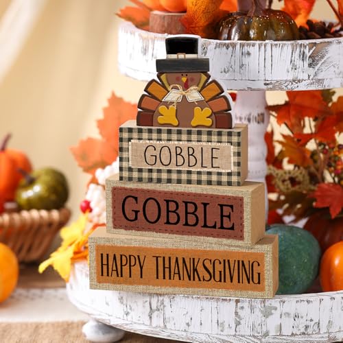 Lineshading 4 Pcs Fall Table Decorations Wooden Turkey Decor Thanksgiving Tiered Tray Decor Fall Centerpiece Rustic Wood Turkey Block Sign for Gobble Harvest Party Home Kitchen Decorations - Image 3