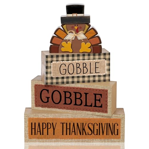 Lineshading 4 Pcs Fall Table Decorations Wooden Turkey Decor Thanksgiving Tiered Tray Decor Fall Centerpiece Rustic Wood Turkey Block Sign for Gobble Harvest Party Home Kitchen Decorations - Image 1