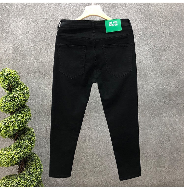Mens Trendy Black Slim-Fit Jeans Black 6607 Solid Color Pants 