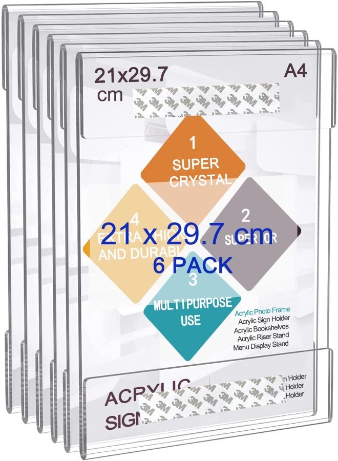 TPGP حامل لافتات أكريليك A4 للجدار، 6 قطع حامل عرض ملصقات من البليكسي مع شريط 3M بدون حفر، حاملات مستندات مذكرات قوائم للمكتب، المنزل، المتجر، المطعم - Image 1