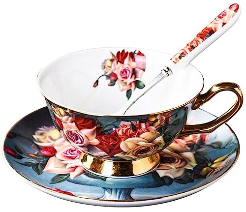 Eplze YBK Tech Euro Style Bone China Cup& Saucer Set, Ceramic Tea Coffee Cup for Home Kitchen Wedding (Vintage Rose Pattern) - Image 1