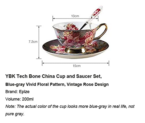 Eplze YBK Tech Euro Style Bone China Cup& Saucer Set, Ceramic Tea Coffee Cup for Home Kitchen Wedding (Vintage Rose Pattern) - Image 2