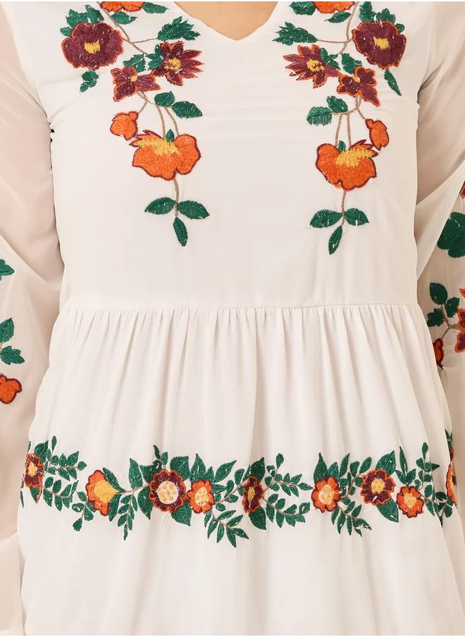 Styli Embroidered V Neck Tiered Midi Dress