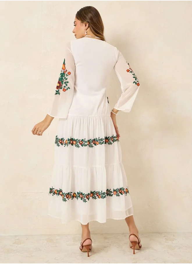 Styli Embroidered V Neck Tiered Midi Dress
