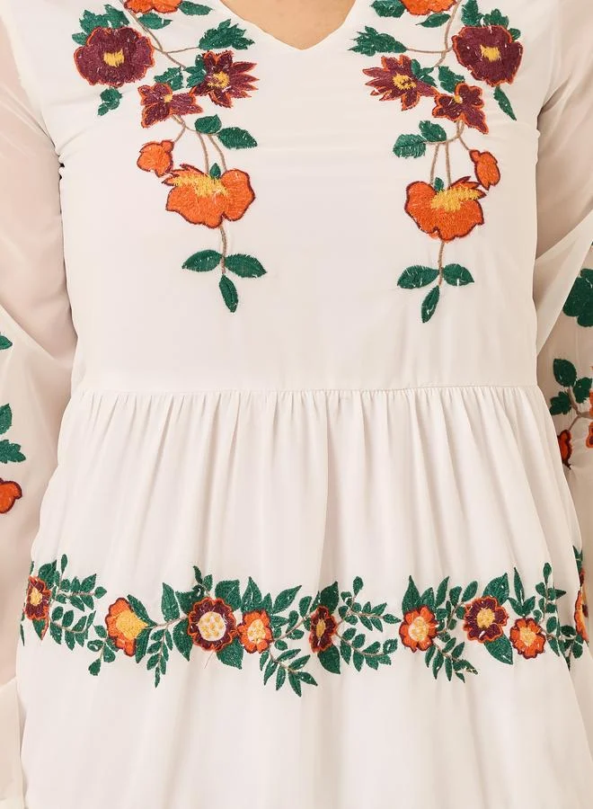 Styli Floral Embroidered Tiered Dress
