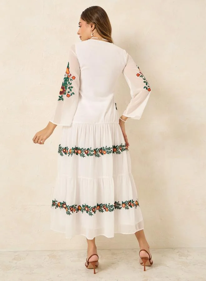 Styli Floral Embroidered Tiered Dress
