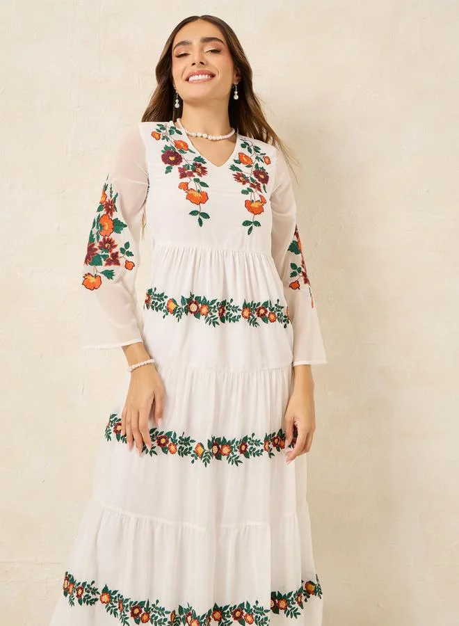 Styli Floral Embroidered Tiered Dress