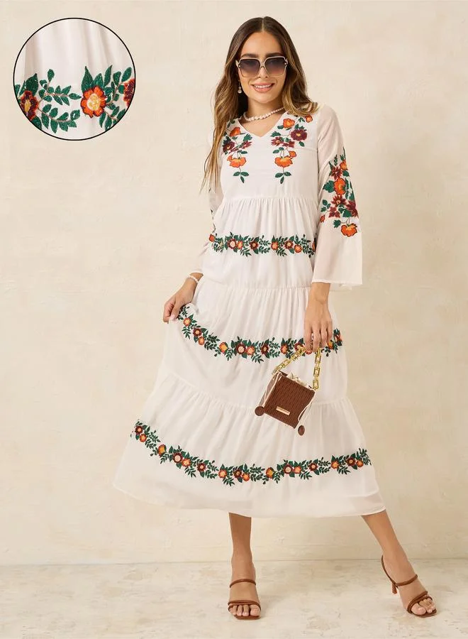 Styli Floral Embroidered Tiered Dress