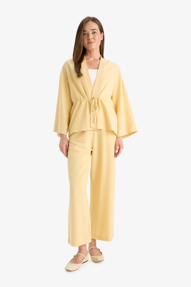 ديفاكتو Relax Fit V-Neck Gathered Linen Blend Shirt