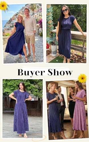 ECOWISH Women Maxi Dresses Cocktail Party Wedding Guest Formal Pleated Long Dress Short Sleeve Slit Empire Waist Evening Gown Purple Blue X-Large - Image 4