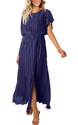 ECOWISH Women Maxi Dresses Cocktail Party Wedding Guest Formal Pleated Long Dress Short Sleeve Slit Empire Waist Evening Gown Purple Blue X-Large - Image 1
