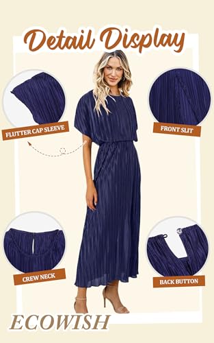 ECOWISH Women Maxi Dresses Cocktail Party Wedding Guest Formal Pleated Long Dress Short Sleeve Slit Empire Waist Evening Gown Purple Blue X-Large - Image 5