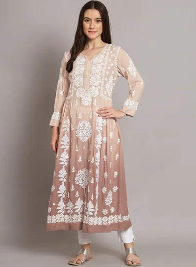 Alaya Hand Embroidered Chikankari A Line Muslin Kurta-AL3664