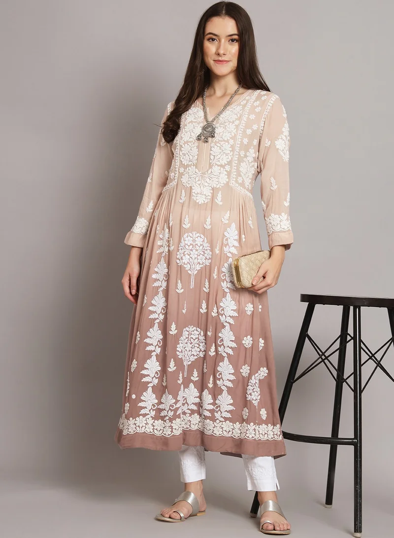 Alaya Hand Embroidered Chikankari A Line Muslin Kurta-AL3664