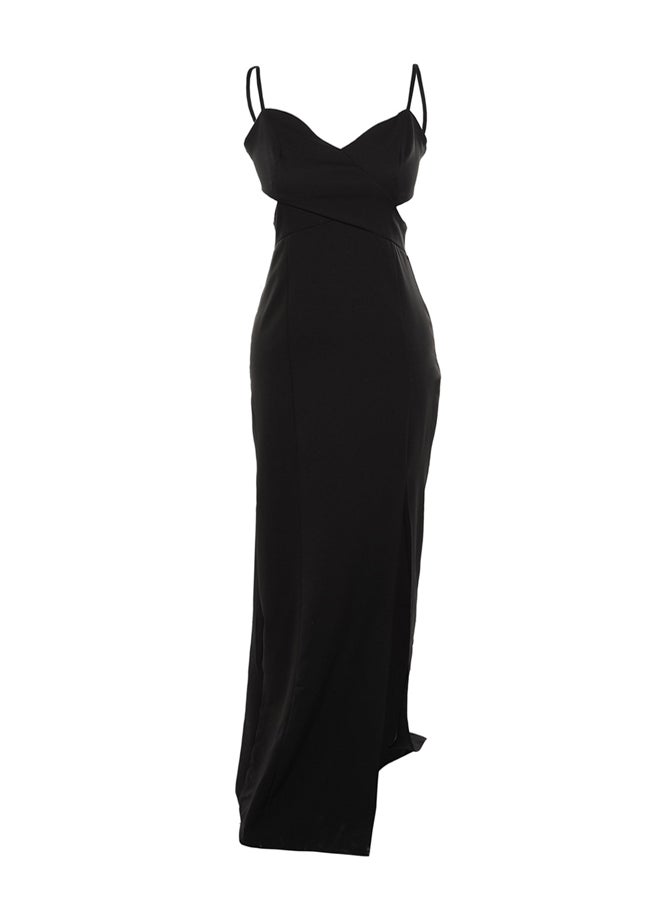 trendyol - فستان سهرة طويل بفتحة/ نافذة منسوجة أسود TPRSS19UT0124 - Image 1