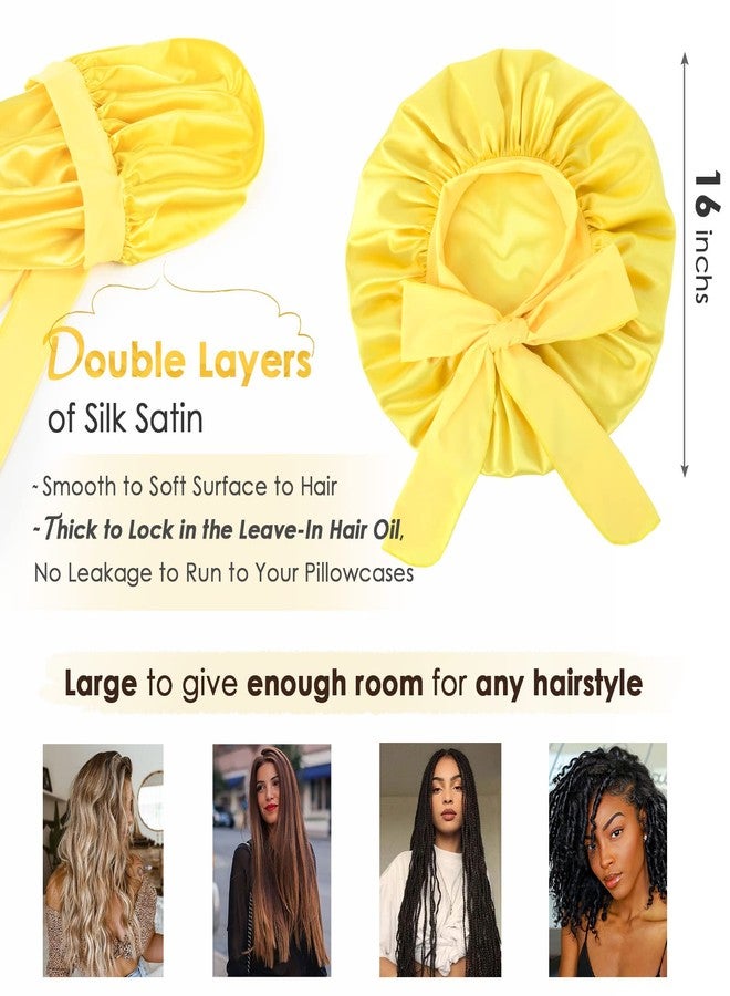YANIBEST Silk Bonnet for Sleeping Women Satin Bonnet Double Layer Satin Lined Hair Bonnet with Tie Band Curly Hair Yellow - Image 2