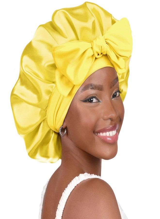 YANIBEST Silk Bonnet for Sleeping Women Satin Bonnet Double Layer Satin Lined Hair Bonnet with Tie Band Curly Hair Yellow - Image 1