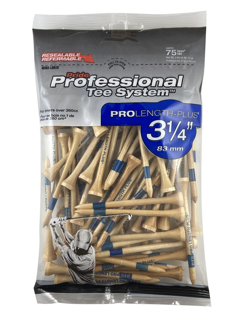 PRIDE GOLF TEE Pride Professional Tee System ProLength Plus Tee, 3-1/4-Inch, 75 Count Bag (Blue on Natural) - Image 1