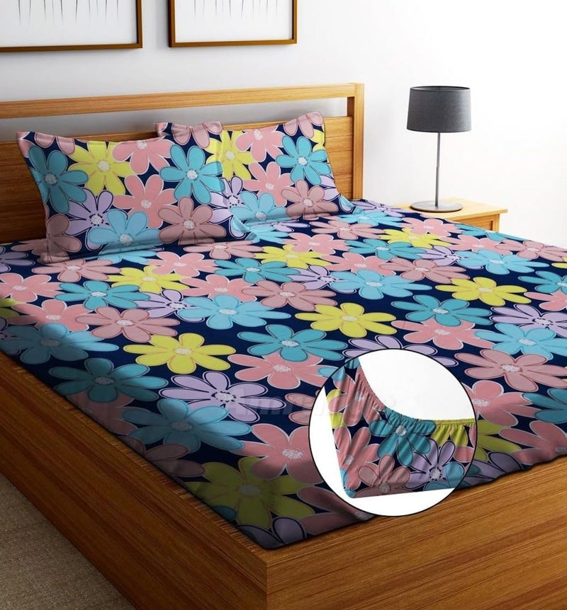 Syriddyaas Premium CottonMix Elastic Fitted Bedsheet with 2 Pillow Covers for Double Bed with All Around Elastic 276 TC Supersoft Size 72x78 Fit Upto 6 Inches Mattress Color Blue  - Image 1