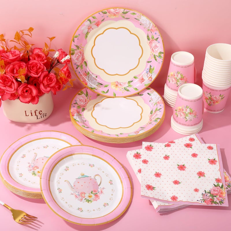 Whaline Pink Tea Party Tableware Supplies Serves 24 Pink Floral Tea Party Disposable Paper Dinnerware, 24 9" Plates 24 7" Saucer Plate 24 9oz Tea Cups with Handle 48 Luncheon Napkins - Image 3
