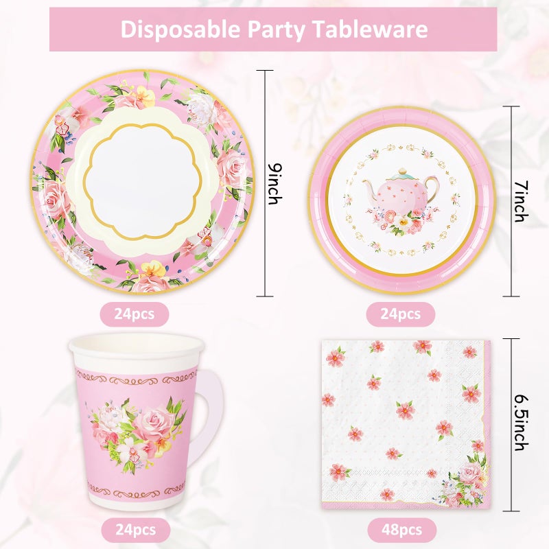 Whaline Pink Tea Party Tableware Supplies Serves 24 Pink Floral Tea Party Disposable Paper Dinnerware, 24 9" Plates 24 7" Saucer Plate 24 9oz Tea Cups with Handle 48 Luncheon Napkins - Image 2