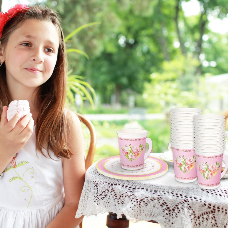 Whaline Pink Tea Party Tableware Supplies Serves 24 Pink Floral Tea Party Disposable Paper Dinnerware, 24 9" Plates 24 7" Saucer Plate 24 9oz Tea Cups with Handle 48 Luncheon Napkins - Image 5
