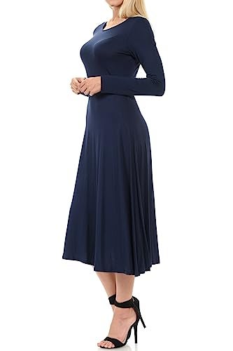 iconic luxe Women's Long Sleeve A-Line Fit and Flare Midi Dress Formal Casual Small Navy - Image 2